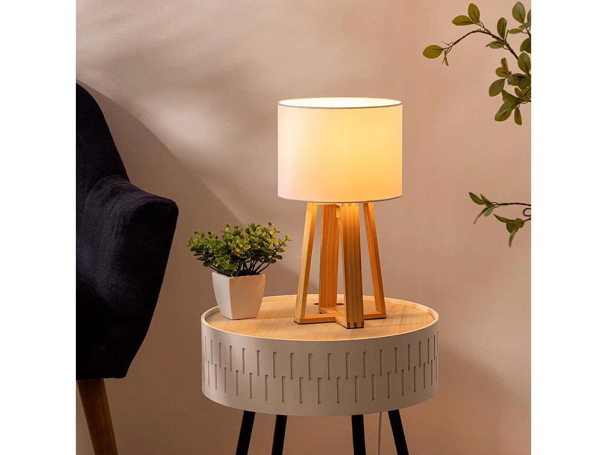 Lampe à poser Pied en Bois et Abat-jour Blanc H 34.5 cm
