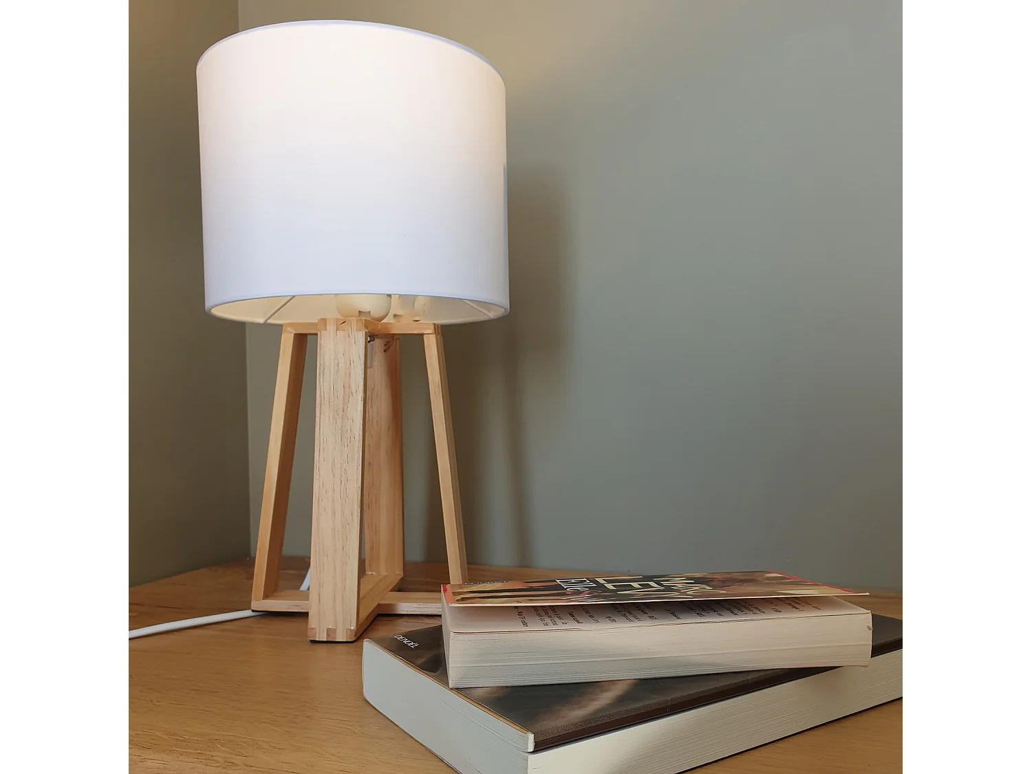 Lampe à poser Pied en Bois et Abat-jour Blanc H 34.5 cm