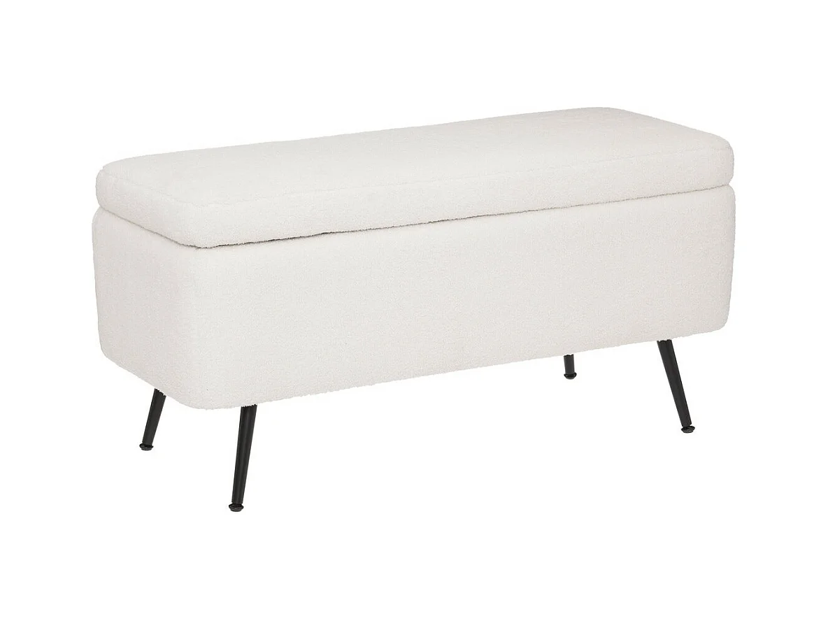Banc Coffre tissu blanc à bouclettes et pieds en métal  100 x 40 cm