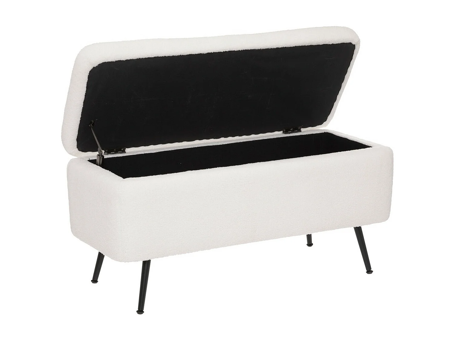 Banc Coffre tissu blanc à bouclettes et pieds en métal  100 x 40 cm