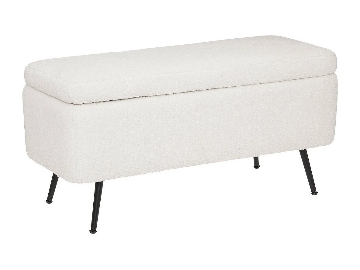 Banc Coffre tissu blanc à bouclettes et pieds en métal  100 x 40 cm