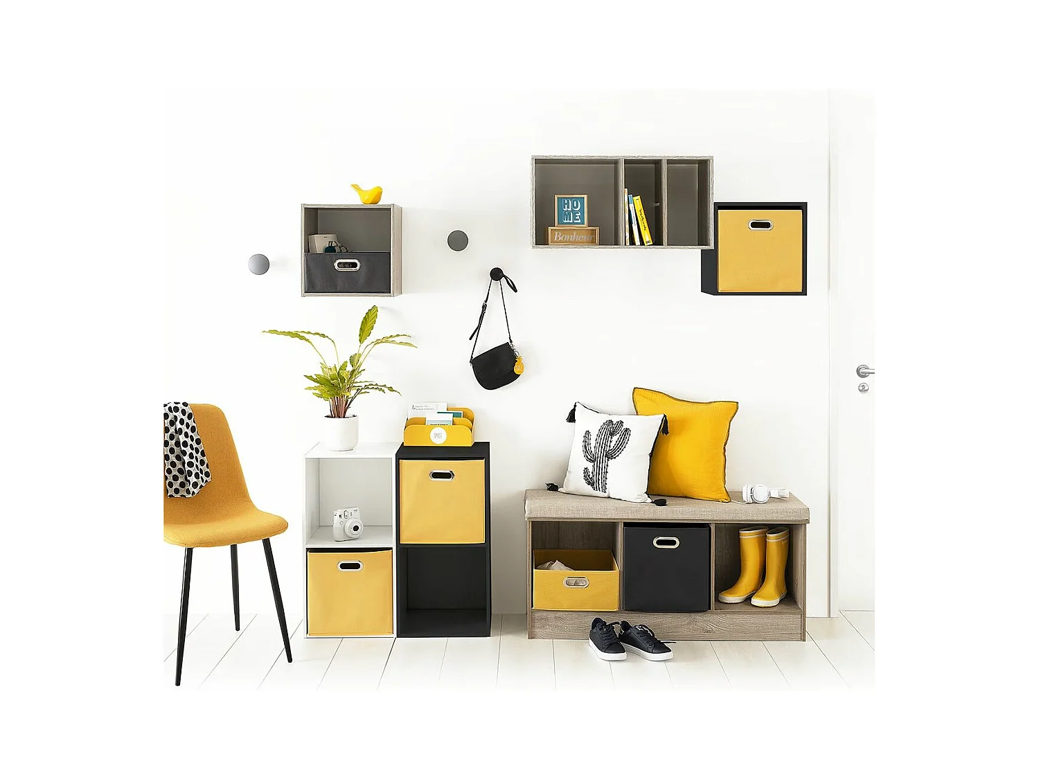 Banc Rangement 3 Cases effet chêne gris L 105 cm