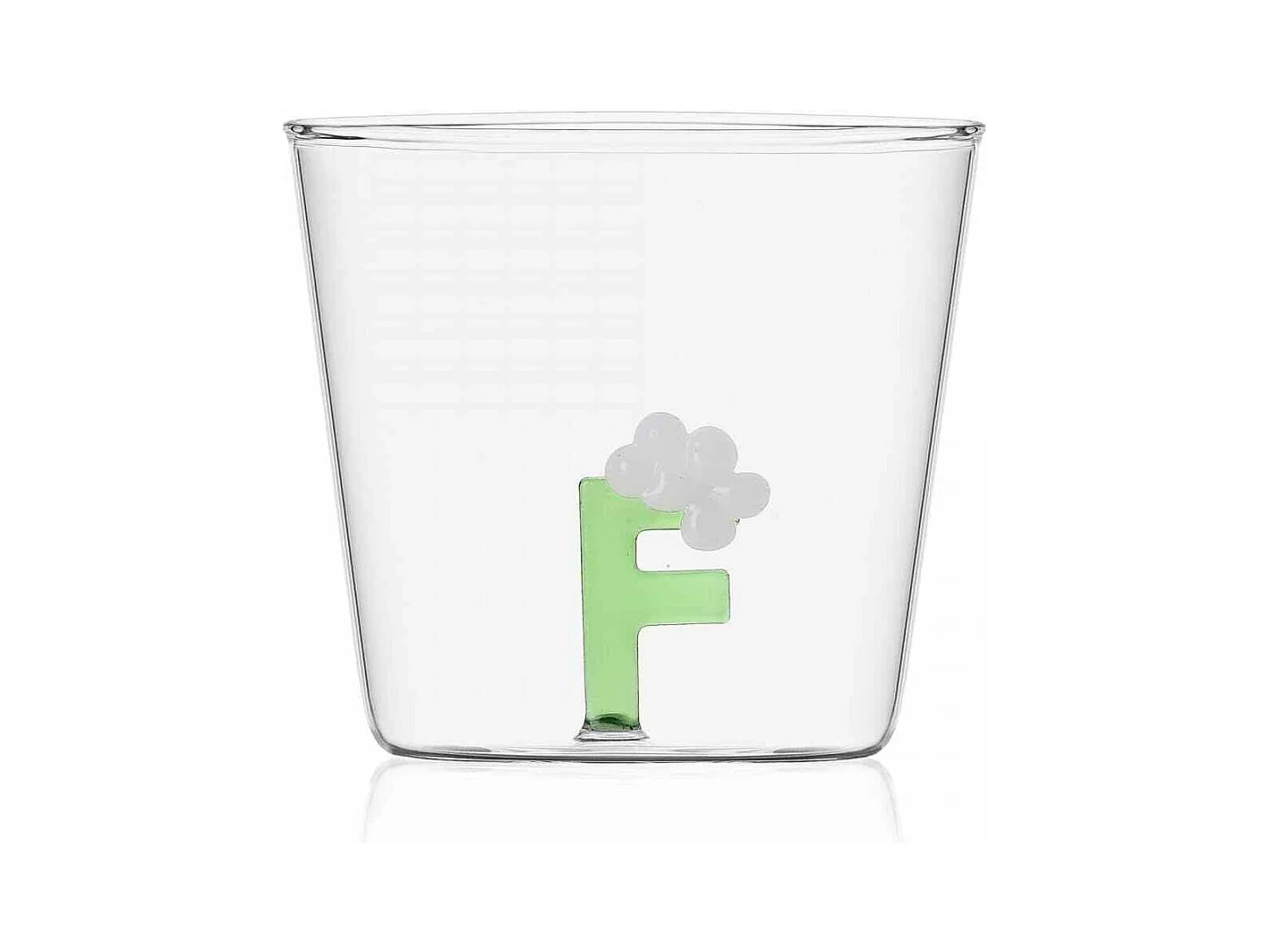 Vaso de vidrio borosilicato, F, transparente 350 ml, Greenwood Alfabeto Fiorito