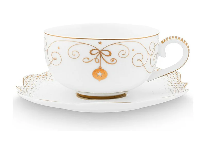 Filiżanka do herbaty ze spodkiem z porcelany biało-złota 225 ml, Royal