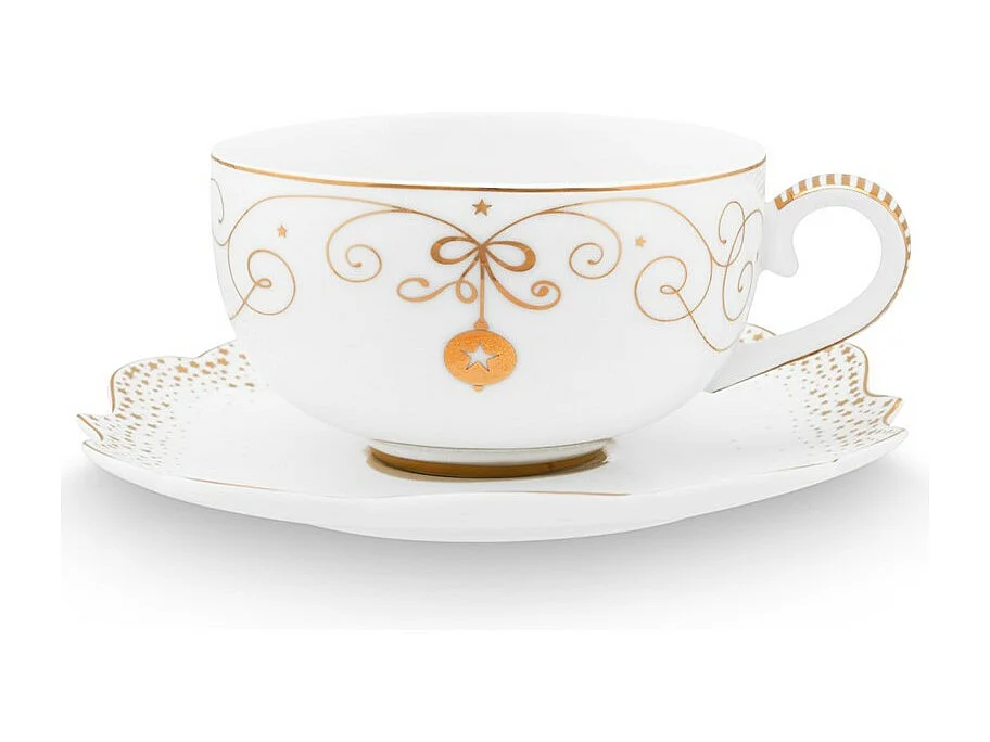 Filiżanka do herbaty ze spodkiem z porcelany biało-złota 225 ml, Royal