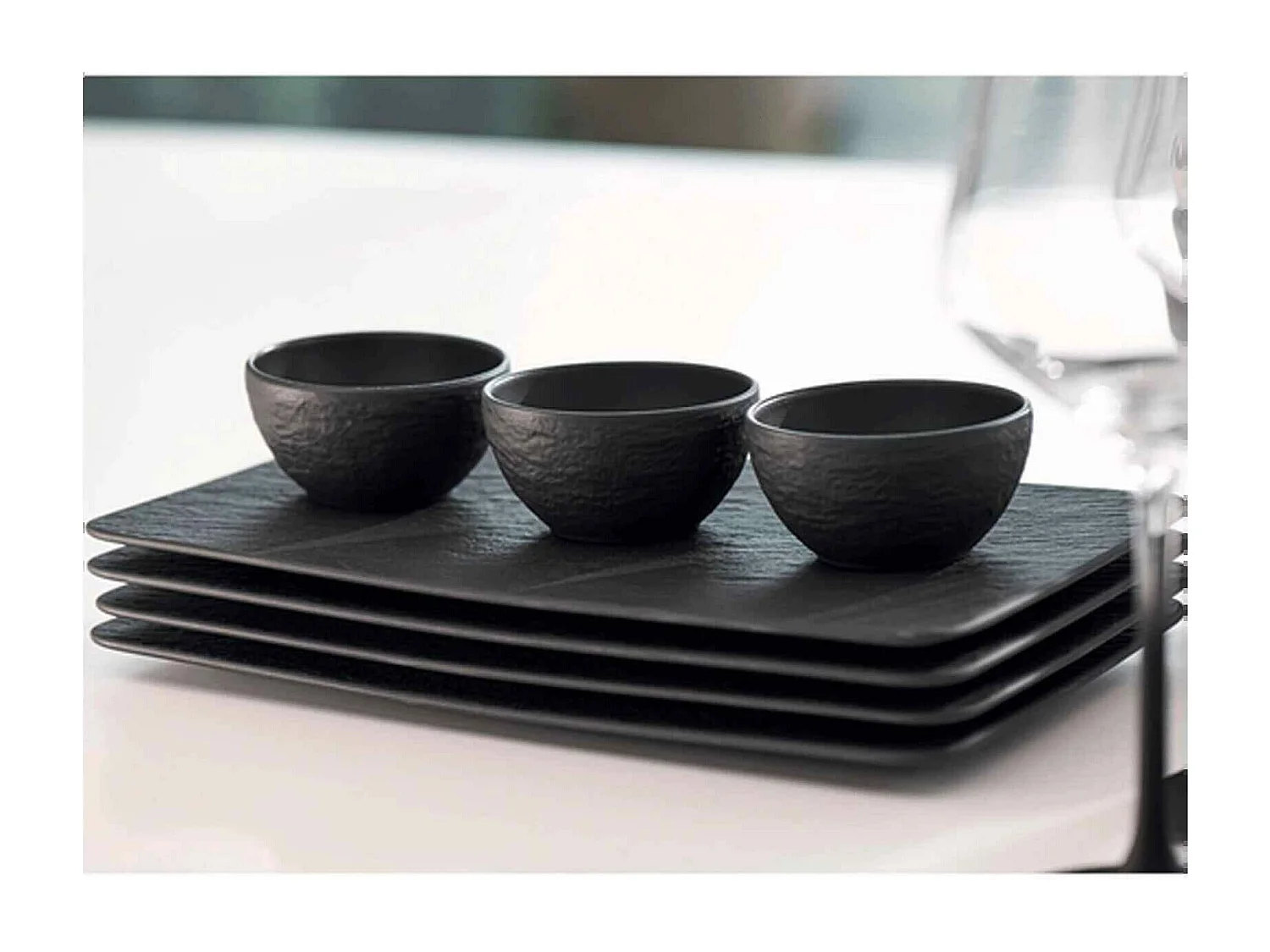 Set di 3 coppette e un vassoio in porcellana nero, 60 ml, Manufacture Rock