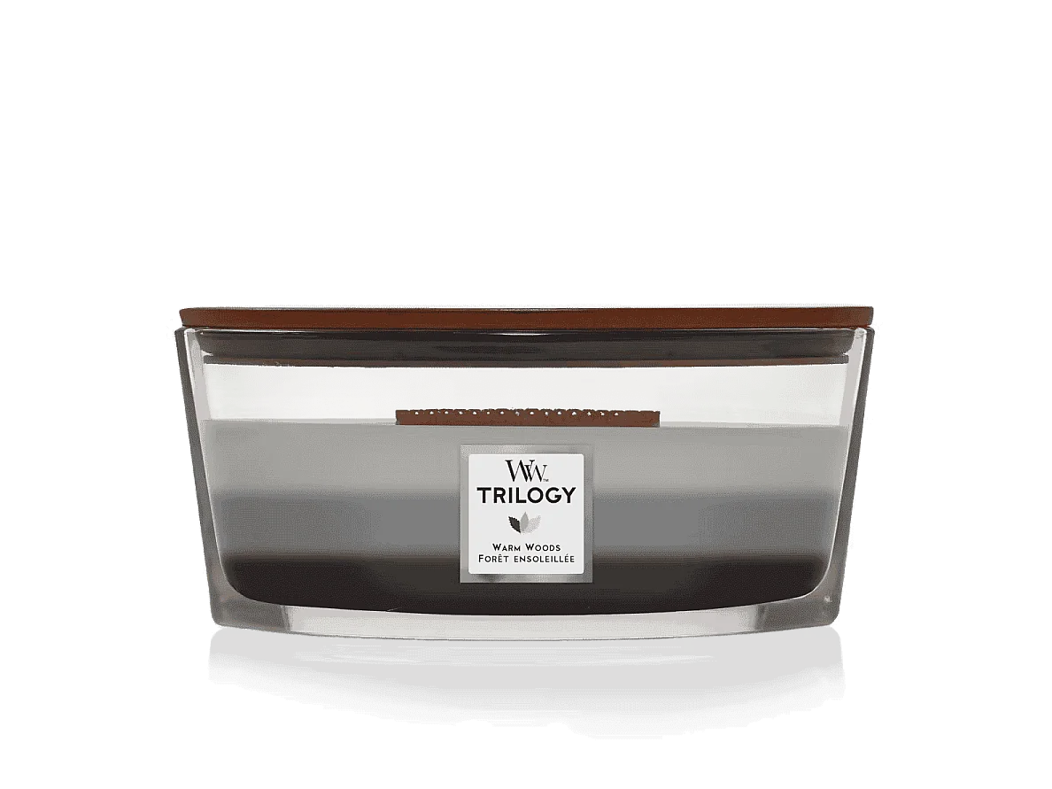 Vela perfumada elipse, Warm Woods, cinza 453 gr