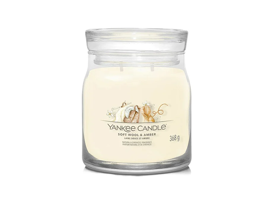 Bougie parfumée en pot moyen, Soft Wool Amber, crème 368 gr, Signature