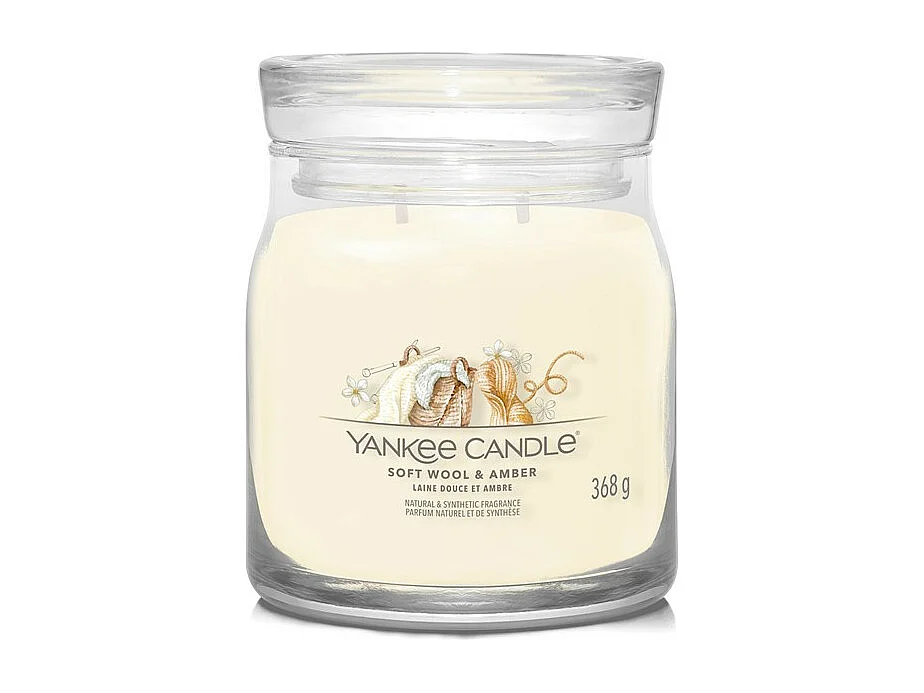 Świeca zapachowa w średnim słoju, Soft Wool Amber, kremowy 368 gr, Signature