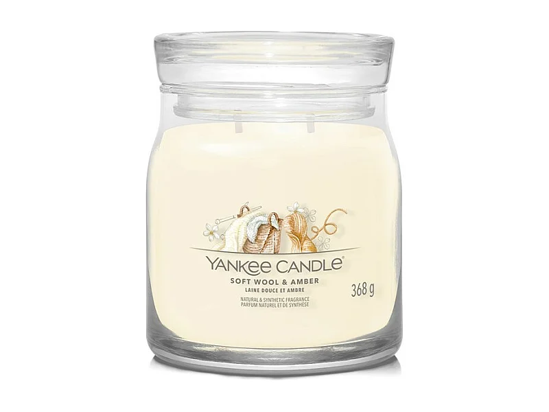 Bougie parfumée en pot moyen, Soft Wool Amber, crème 368 gr, Signature