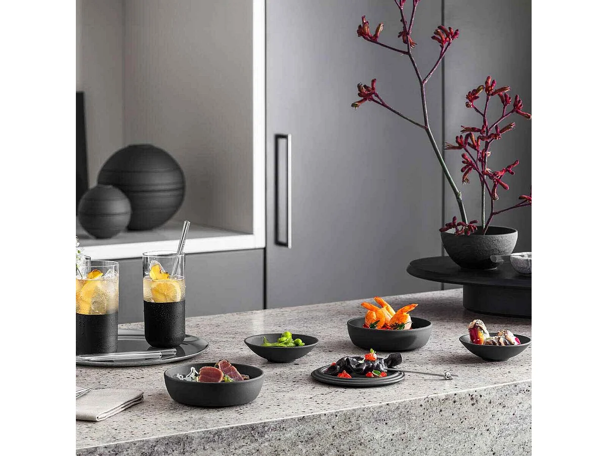 Set de plats pour 2 personnes, 7 pièces, en porcelaine noir D24 cm, La Boule