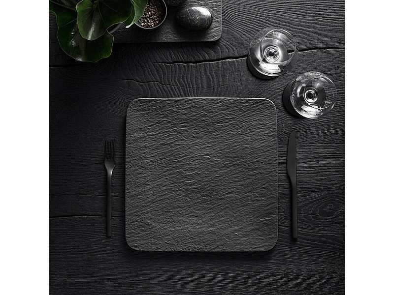 Assiette plate carrée en porcelaine noir L28 cm, Manufacture Rock