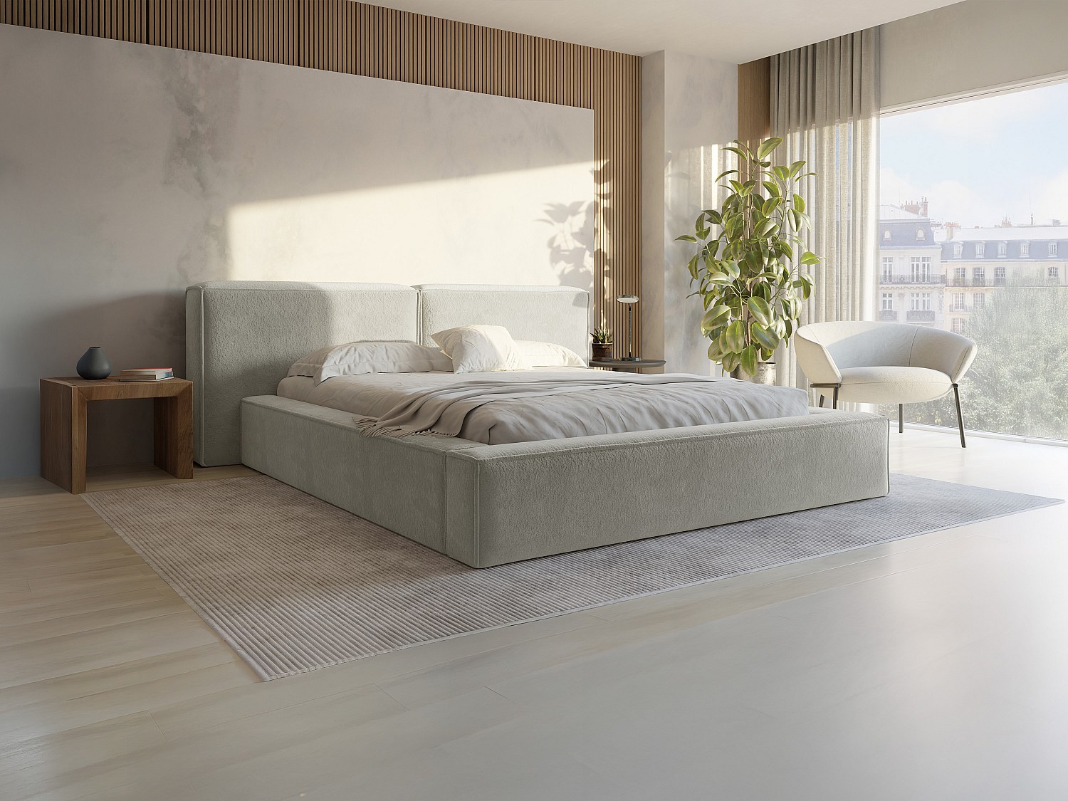 Vente-unique Bett Mit Bettkasten - 140 X 190 Cm - Bouclé-Stoff - Beige - Timano Von Pascal Morabito