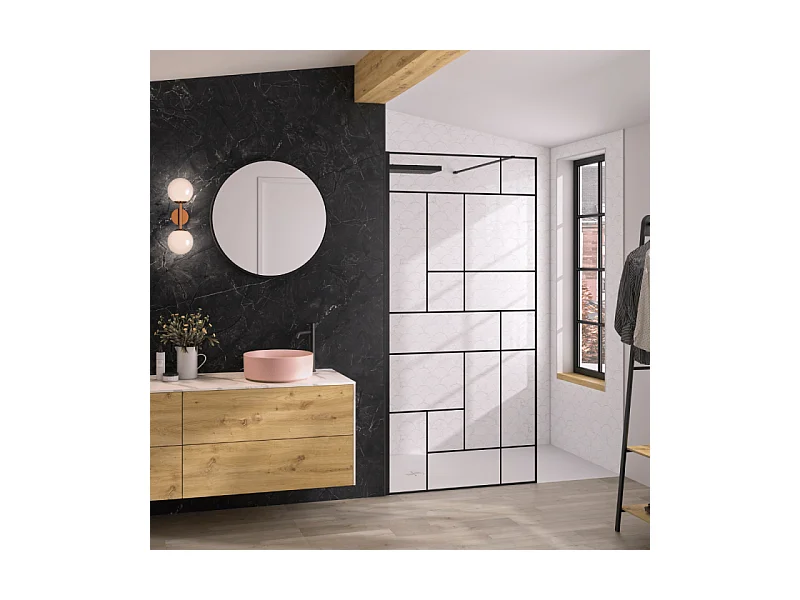 Paroi de douche KINEDO Solo Design + sérigraphié mondrian 120cm profilé Noir mat