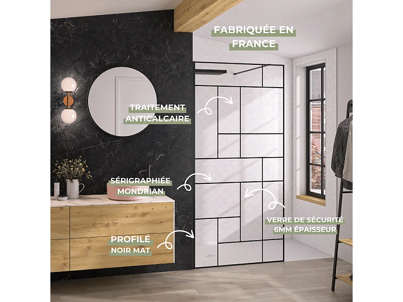Paroi de douche KINEDO Solo Design + sérigraphié mondrian 120cm profilé Noir mat