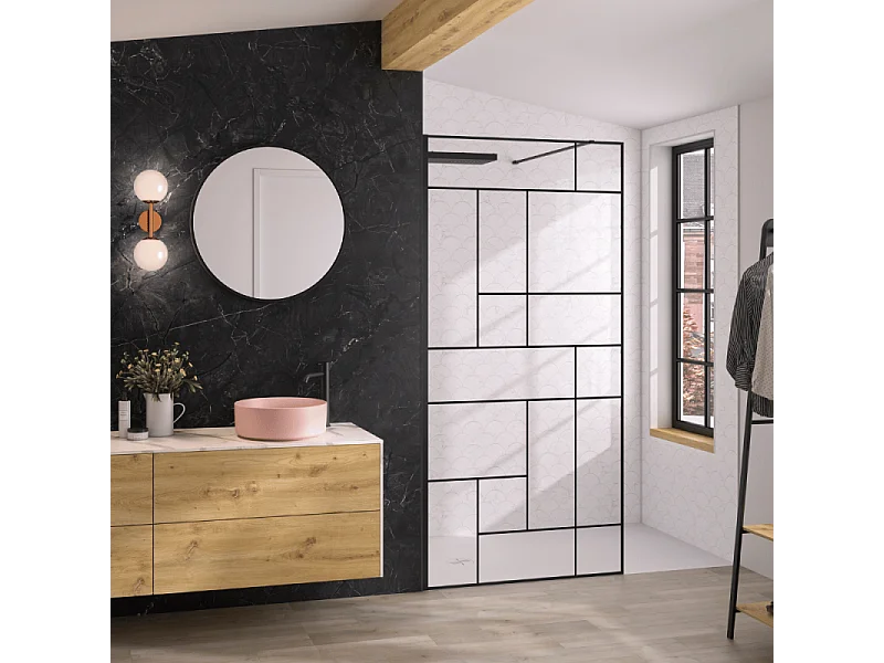 Paroi de douche KINEDO Solo Design + sérigraphié mondrian 120cm profilé Noir mat