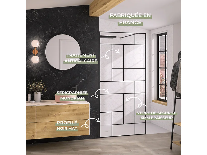 Paroi de douche KINEDO Solo Design + sérigraphié mondrian 100cm profilé Noir mat