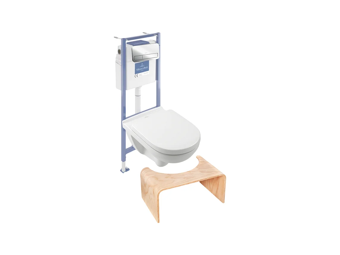 Pack WC sans bride VILLEROY ET BOCH O novo abattant frein de chute + bâti-support sol et mur + plaque Chromé  + Tabouret bois