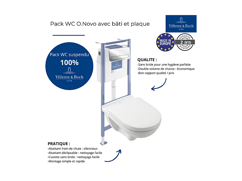 Pack WC sans bride VILLEROY ET BOCH O novo abattant frein de chute + bâti-support sol et mur + plaque Chromé  + Tabouret bois