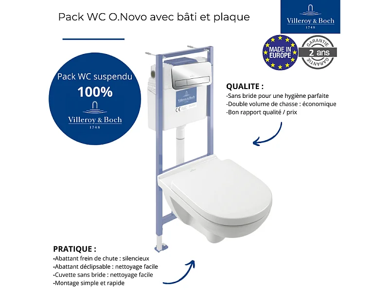 Pack WC sans bride VILLEROY ET BOCH O novo abattant frein de chute + bâti-support sol et mur + plaque Chromé  + Tabouret bois