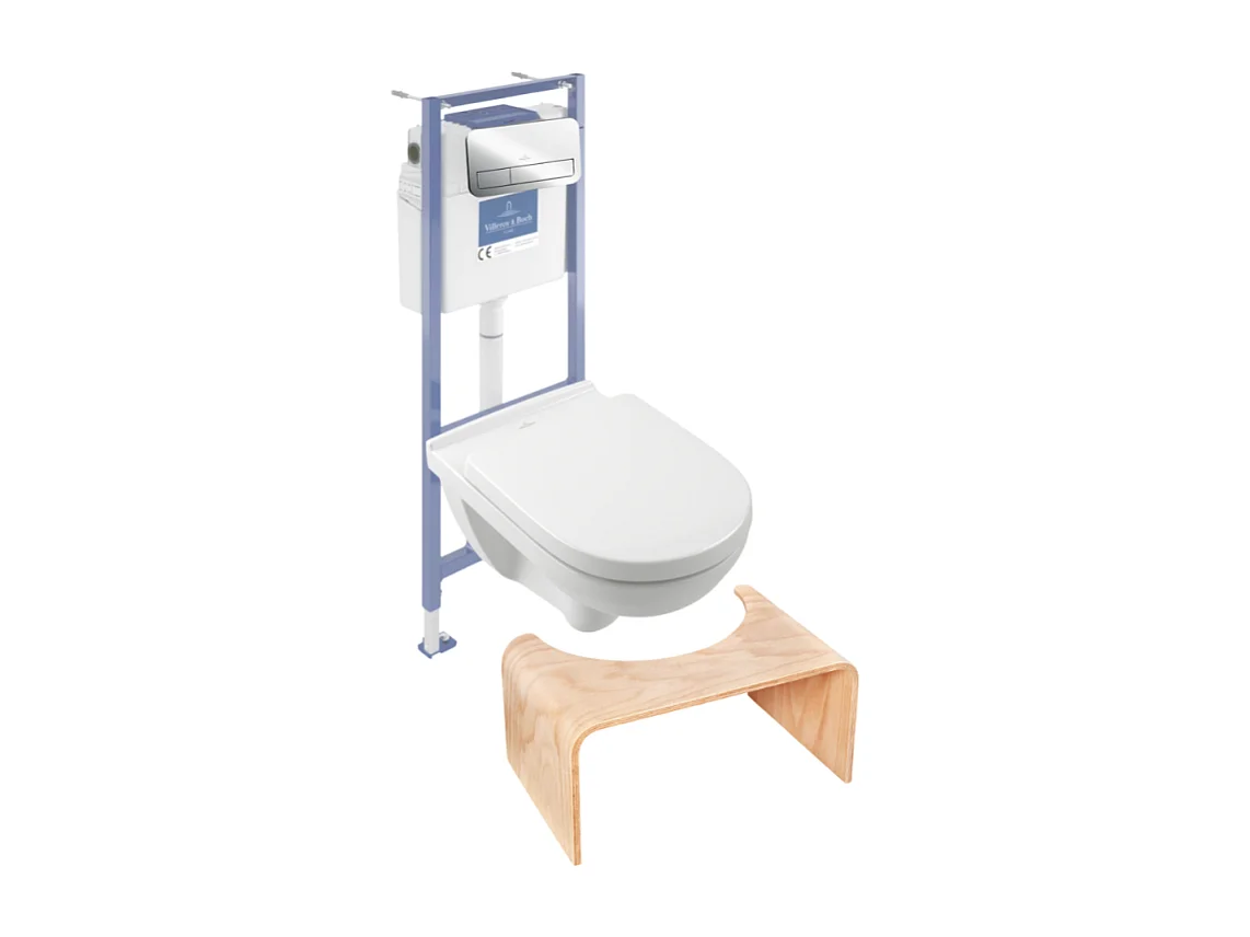 Pack WC sans bride VILLEROY ET BOCH O novo abattant frein de chute + bâti-support sol et mur + plaque Chromé  + Tabouret bois