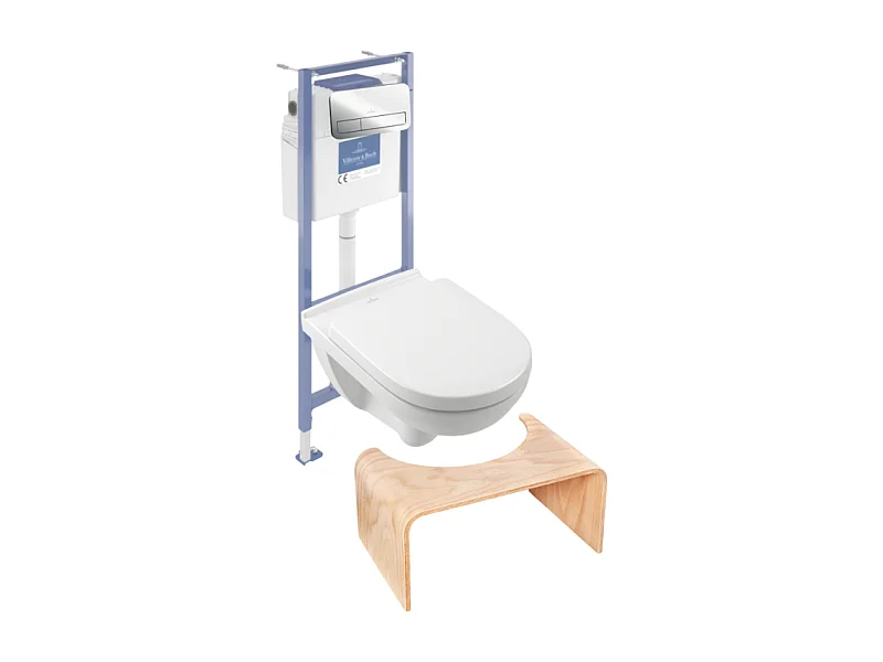 Pack WC sans bride VILLEROY ET BOCH O novo abattant frein de chute + bâti-support sol et mur + plaque Chromé  + Tabouret bois