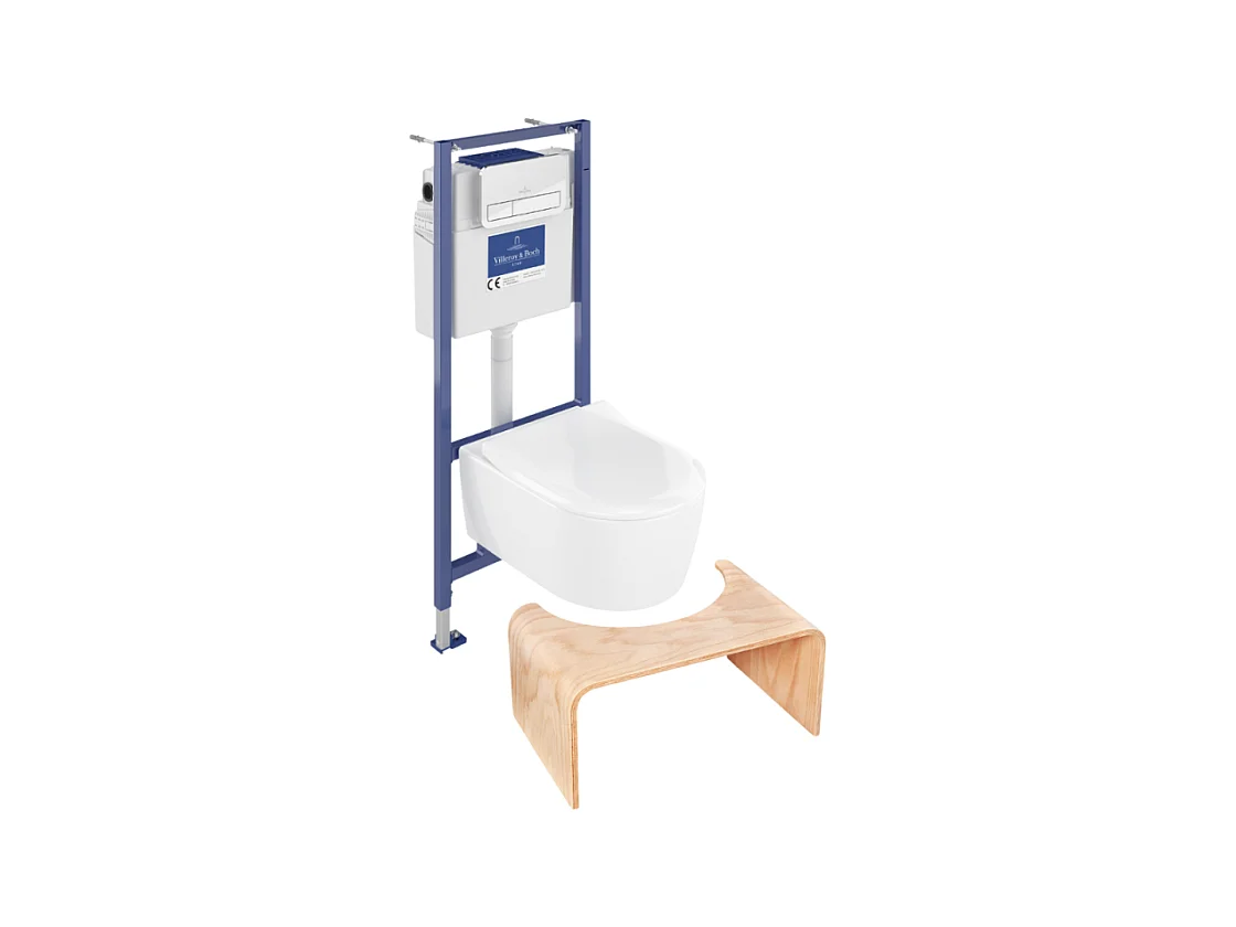 Pack WC sans bride VILLEROY ET BOCH Avento + Bâti support + abattant frein de chute + plaque chromée  + Tabouret bois