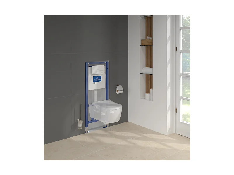 Pack WC sans bride VILLEROY ET BOCH Avento + Bâti support + abattant frein de chute + plaque chromée  + Tabouret bois