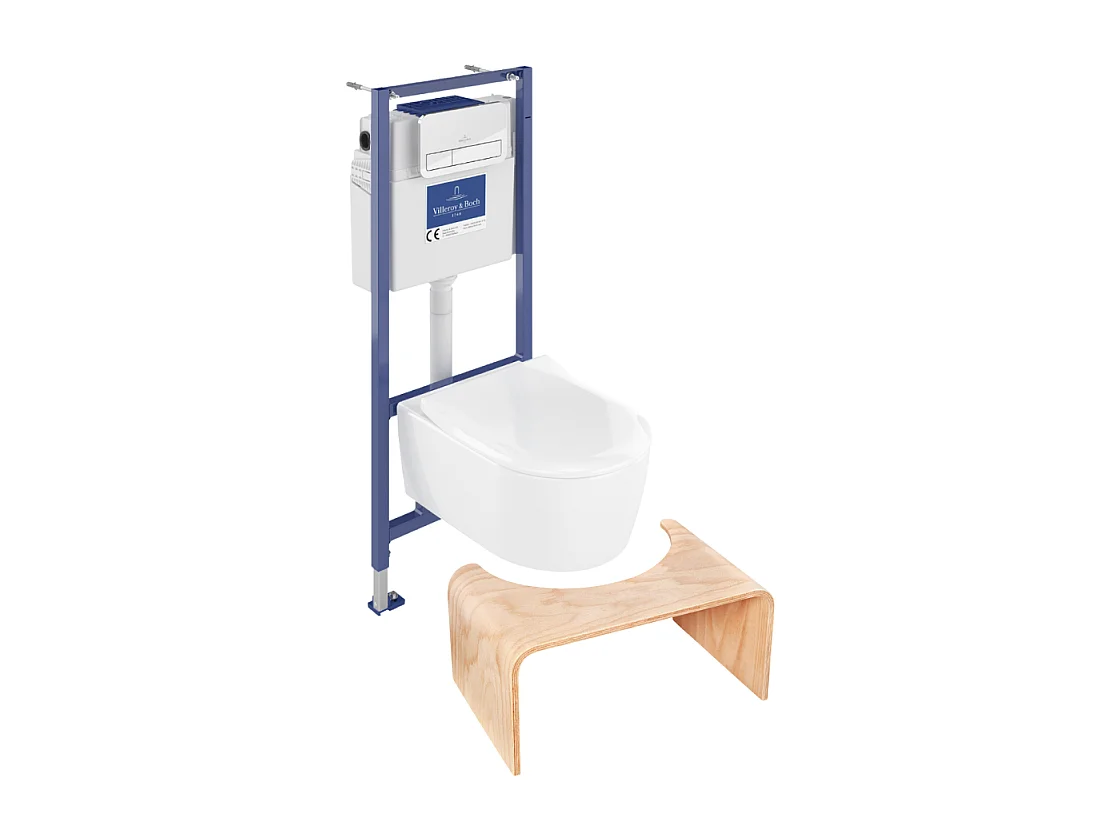 Pack WC sans bride VILLEROY ET BOCH Avento + Bâti support + abattant frein de chute + plaque chromée  + Tabouret bois