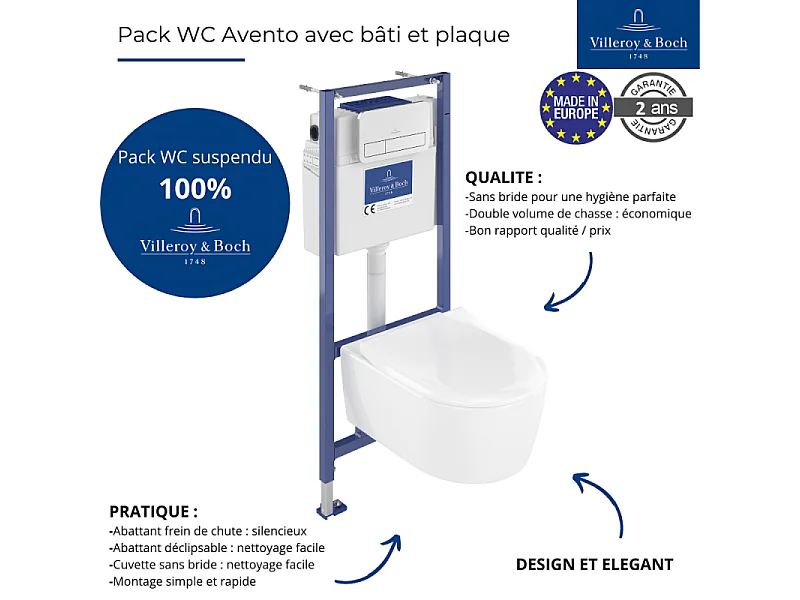 Pack WC sans bride VILLEROY ET BOCH Avento + Bâti support + abattant frein de chute + plaque chromée  + Tabouret bois