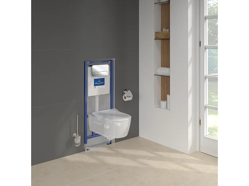 Pack WC suspendu sans bride VILLEROY ET BOCH Avento + abattant + bâti-support sol et mur + plaque chromée + tabouret physiologique