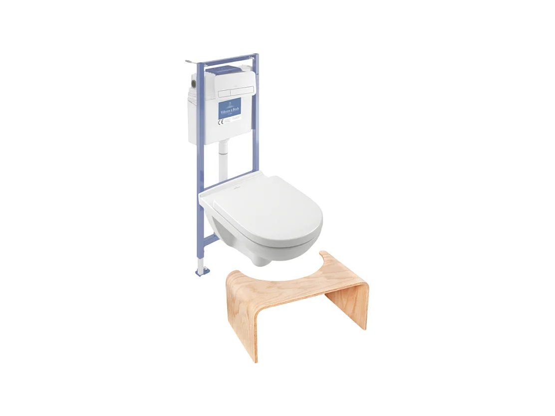 Pack WC sans bride VILLEROY ET BOCH O novo avec abattant frein de chute + bâti Viconnect PRO + plaque blanche  + Tabouret bois