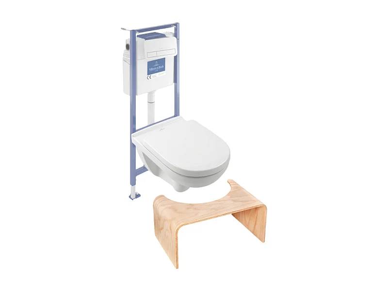 Pack WC sans bride VILLEROY ET BOCH O novo avec abattant frein de chute + bâti Viconnect PRO + plaque blanche  + Tabouret bois