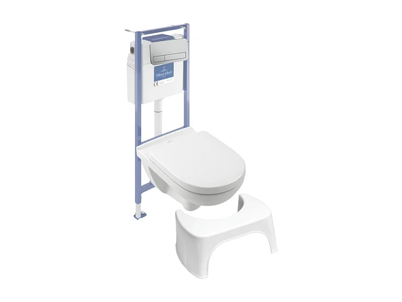 Pack WC sans bride VILLEROY ET BOCH O novo abattant frein de chute + bâti-support sol et mur + plaque Chromé mat + Tabouret blanc