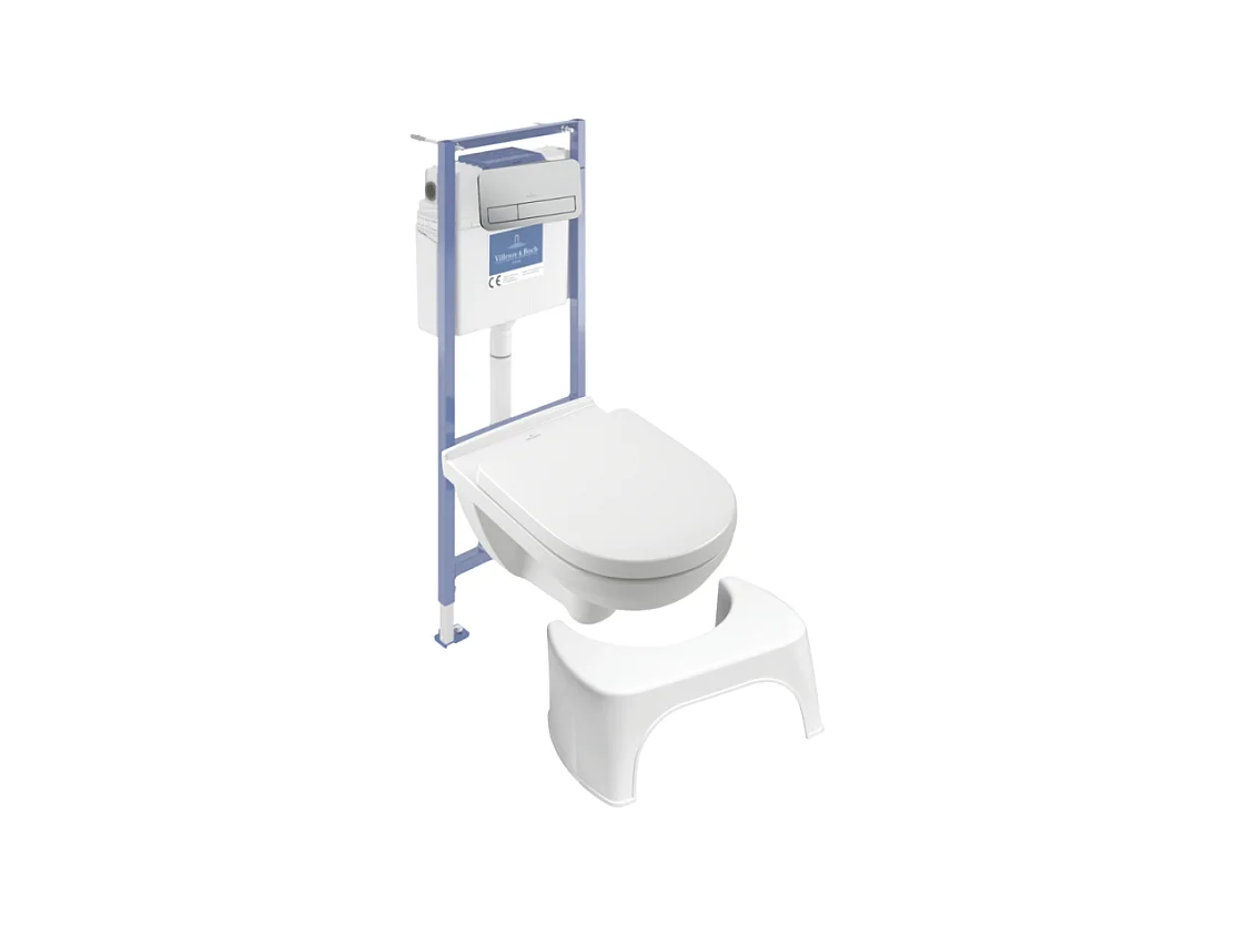 Pack WC sans bride VILLEROY ET BOCH O novo abattant frein de chute + bâti-support sol et mur + plaque Chromé mat + Tabouret blanc