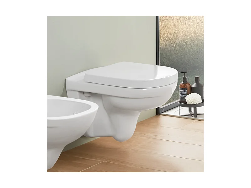 Pack WC sans bride VILLEROY ET BOCH O novo abattant frein de chute + bâti-support sol et mur + plaque Chromé mat + Tabouret blanc