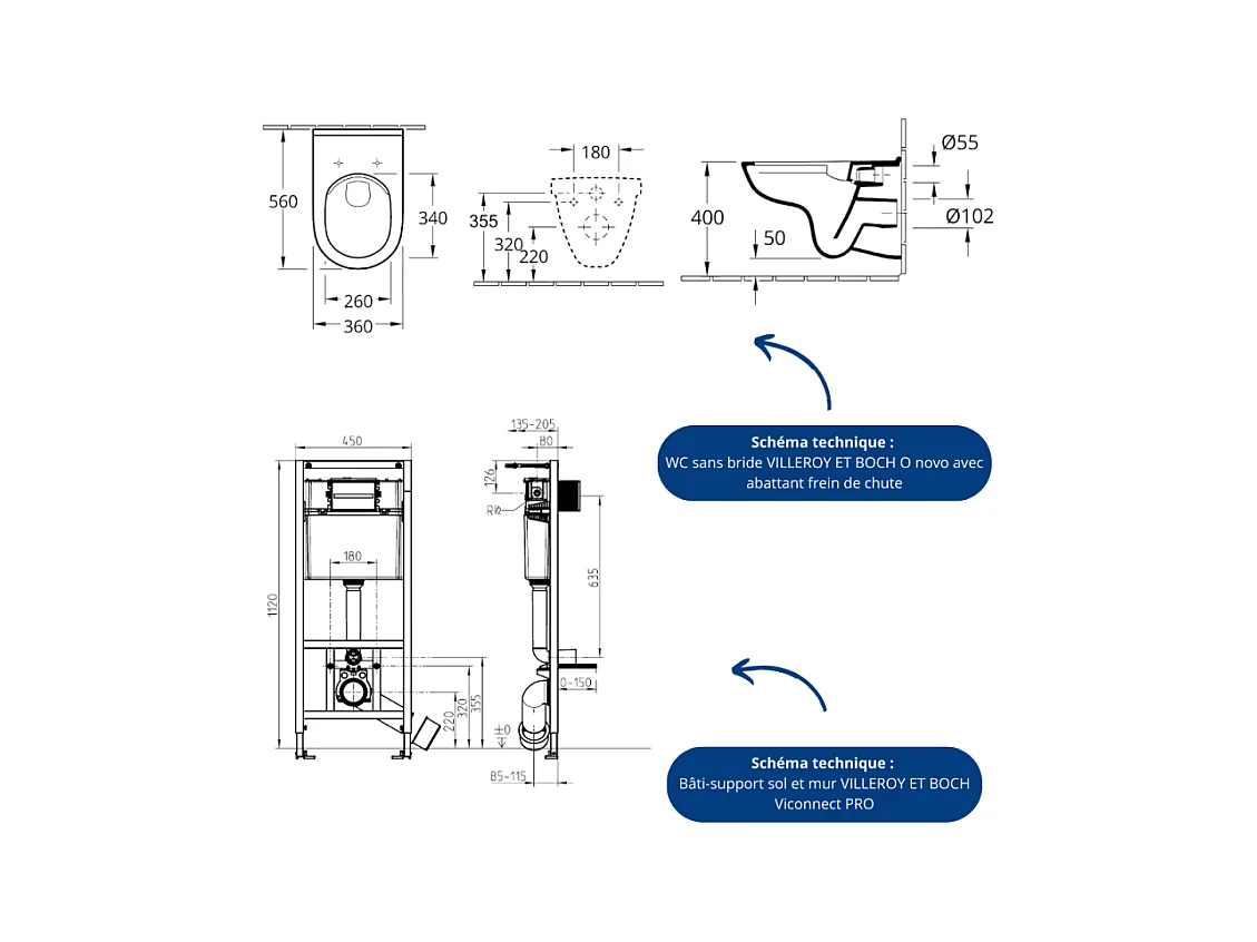 Pack WC sans bride VILLEROY ET BOCH O novo abattant frein de chute + bâti-support sol et mur + plaque Chromé mat + Tabouret blanc