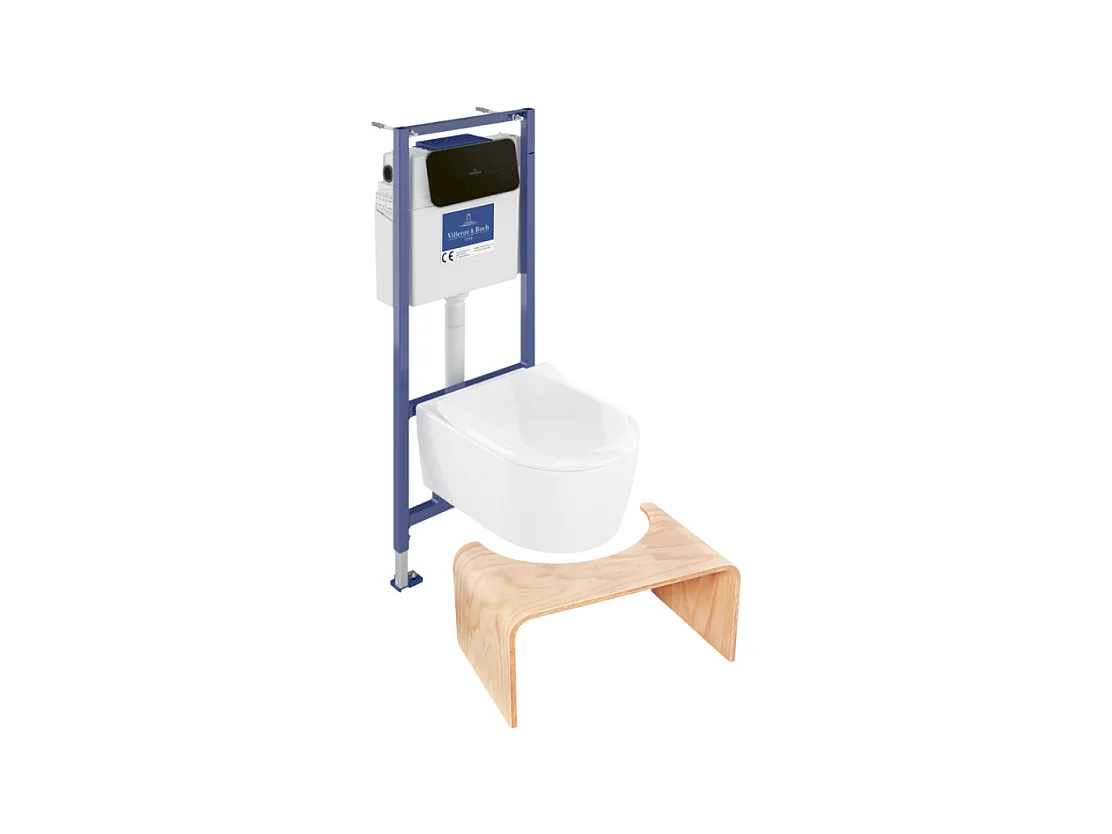 Pack WC sans bride VILLEROY ET BOCH Avento + Bâti support + abattant frein de chute + plaque noir mat  + Tabouret bois