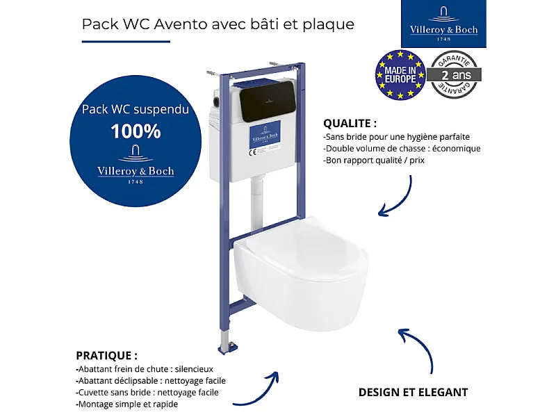 Pack WC sans bride VILLEROY ET BOCH Avento + Bâti support + abattant frein de chute + plaque noir mat  + Tabouret bois