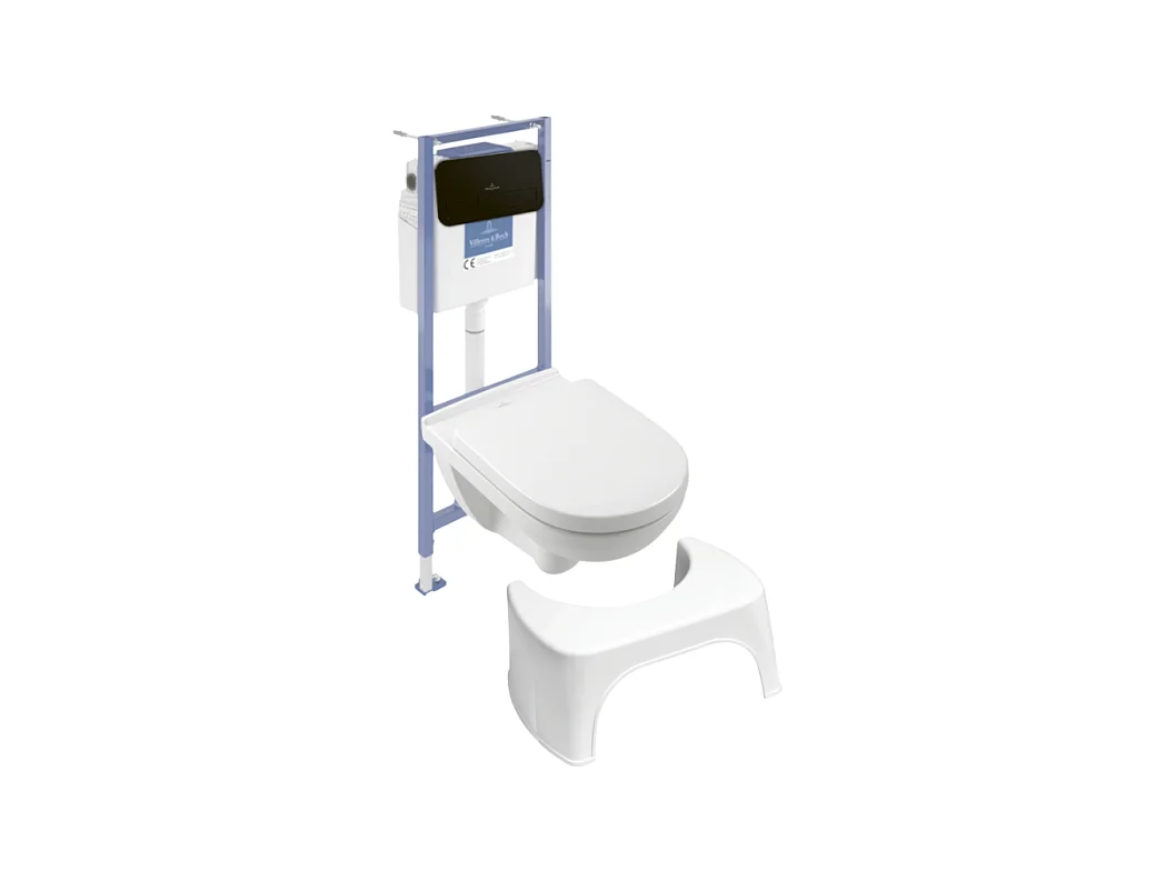 Pack WC sans bride VILLEROY ET BOCH O novo avec abattant frein de chute + bâti Viconnect PRO + plaque noir mat  + Tabouret blanc