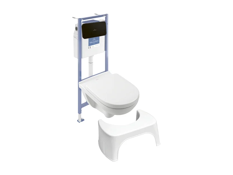 Pack WC sans bride VILLEROY ET BOCH O novo avec abattant frein de chute + bâti Viconnect PRO + plaque noir mat  + Tabouret blanc