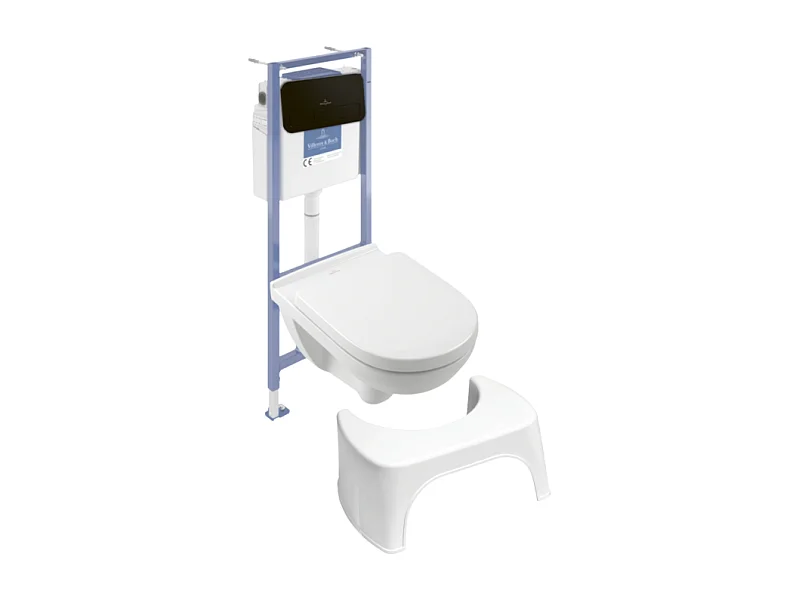 Pack WC sans bride VILLEROY ET BOCH O novo avec abattant frein de chute + bâti Viconnect PRO + plaque noir mat  + Tabouret blanc