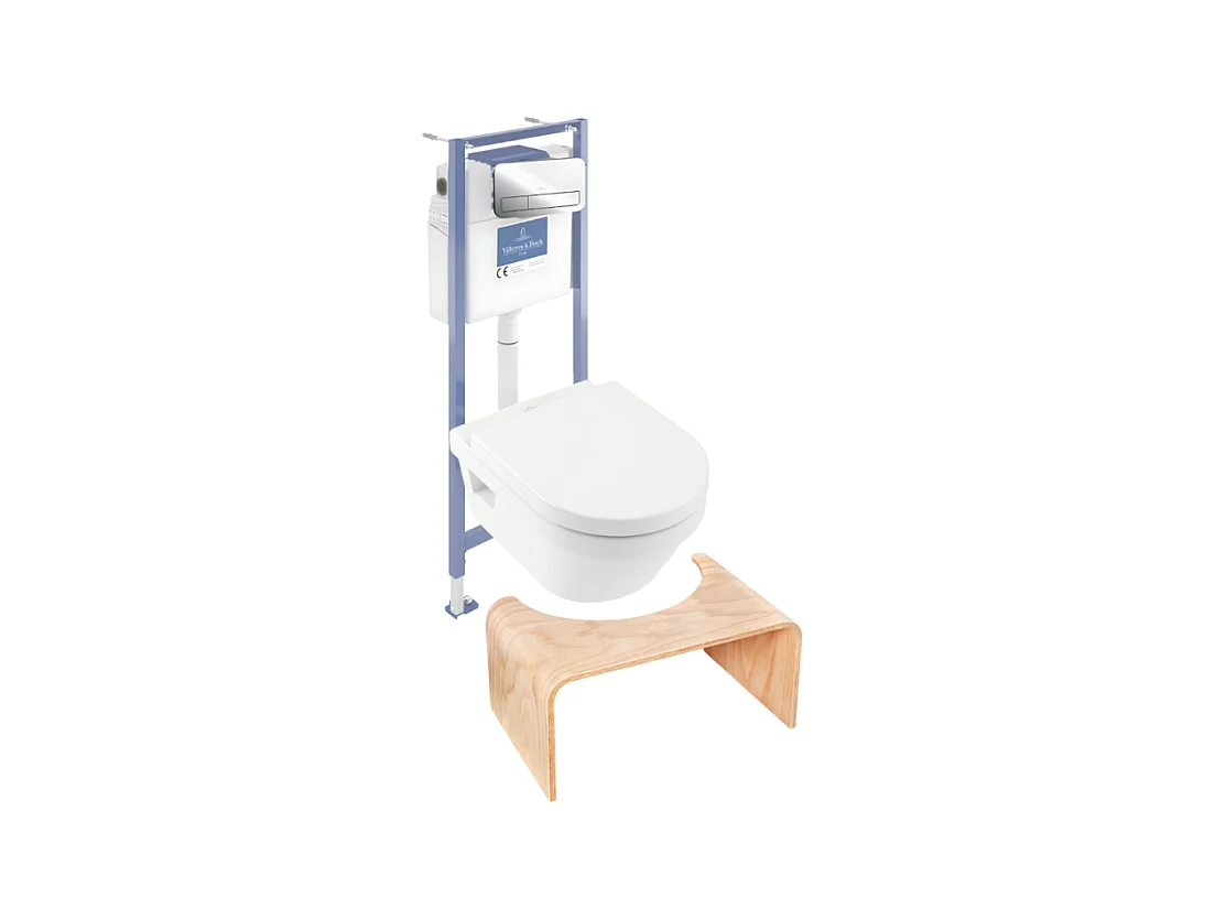 Pack WC sans bride VILLEROY ET BOCH Architectura abattant + bâti-support sol et mur + plaque chromée brillant  + Tabouret bois