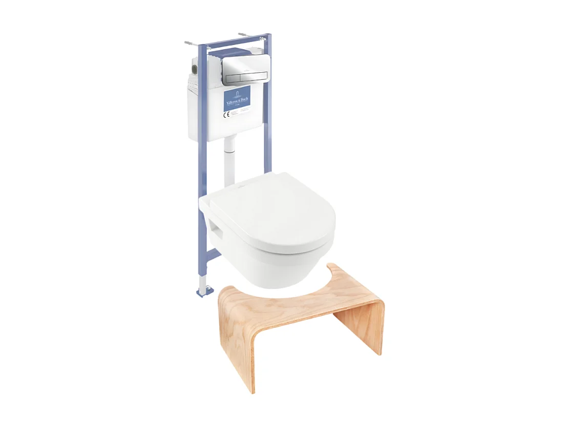 Pack WC sans bride VILLEROY ET BOCH Architectura abattant + bâti-support sol et mur + plaque chromée brillant  + Tabouret bois