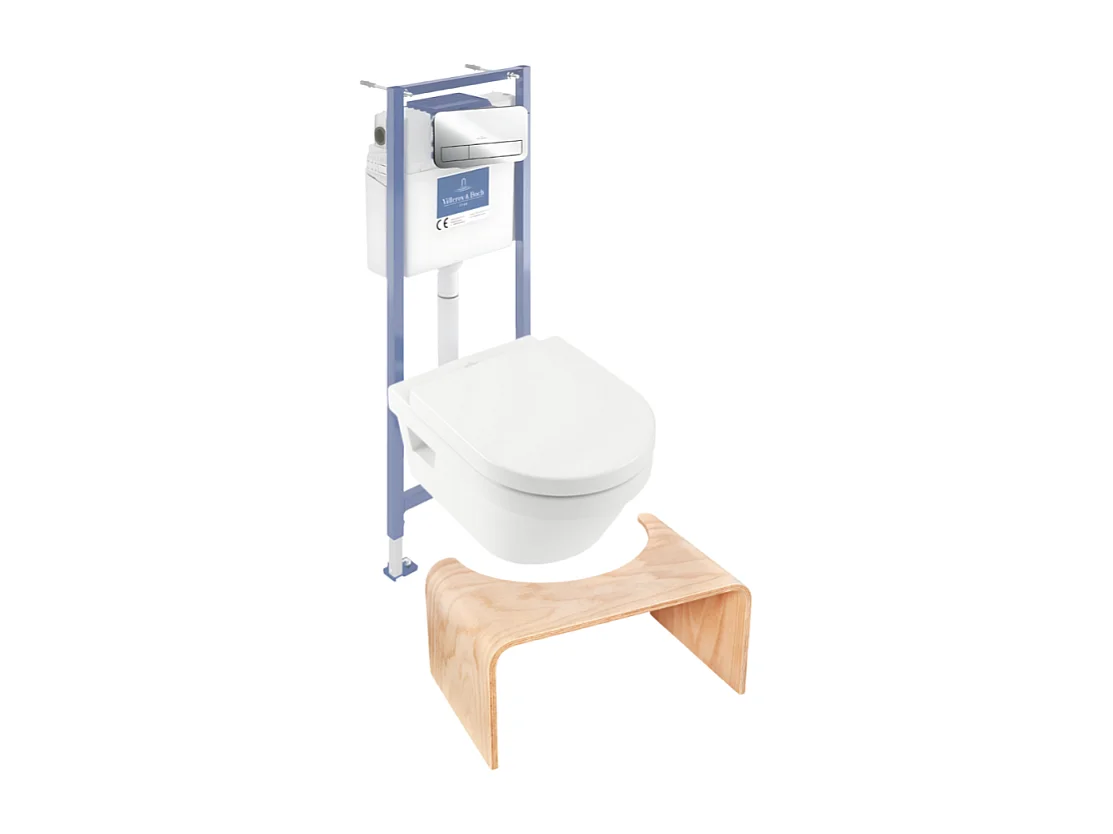 Pack WC sans bride VILLEROY ET BOCH Architectura abattant + bâti-support sol et mur + plaque chromée brillant  + Tabouret bois