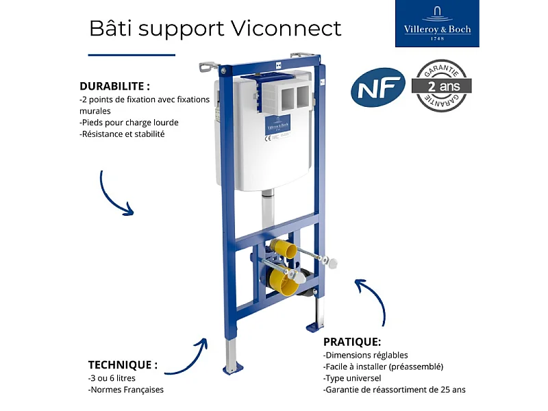 Bâti-support autoportant WC VILLEROY ET BOCH Viconnect avec plaque chrome mat