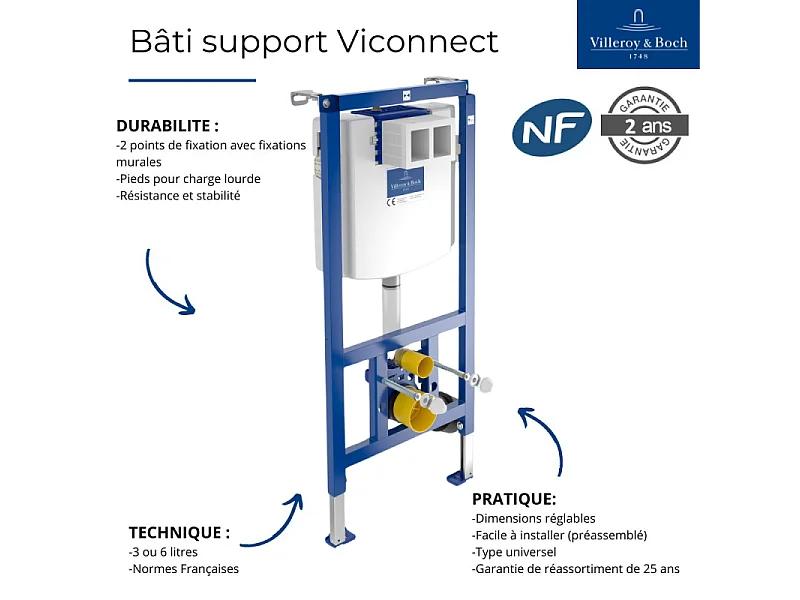 Bâti-support autoportant WC VILLEROY ET BOCH Viconnect avec plaque chrome mat