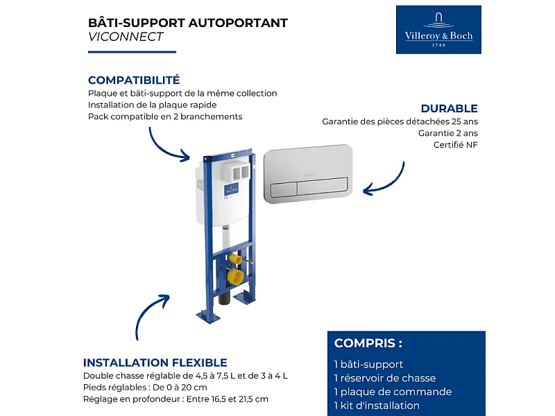 Bâti-support autoportant WC VILLEROY ET BOCH Viconnect avec plaque chrome mat
