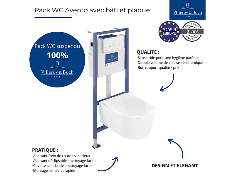 Pack WC sans bride VILLEROY ET BOCH Avento + Bâti support + abattant frein de chute + plaque blanche  + Tabouret blanc