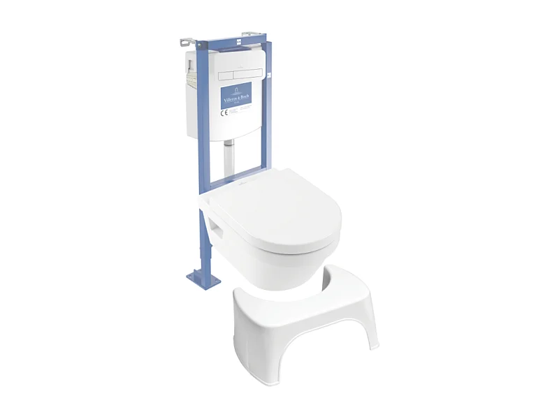 Pack WC suspendu sans bride VILLEROY ET BOCH Architectura Directflush + abattant + plaque blanche + bâti  + Tabouret blanc